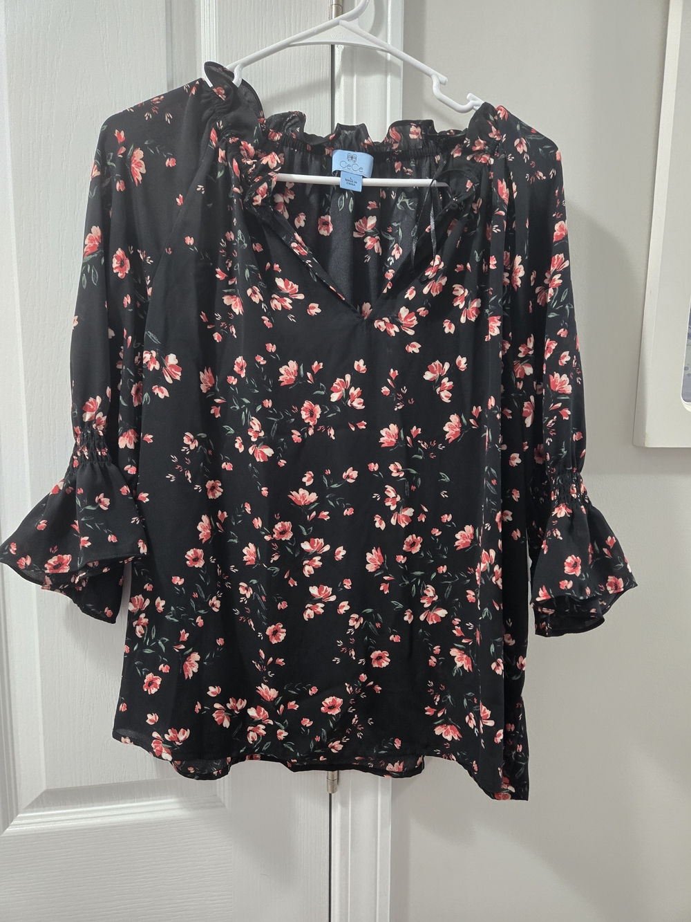 CeCe Black Blouse with Pink Floral Print